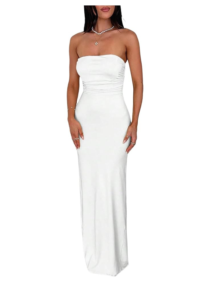 Floerns Women's Backless Lace Up Tube Top Dresses Ruched Formal Bodycon Long Dress | Amazon (US)