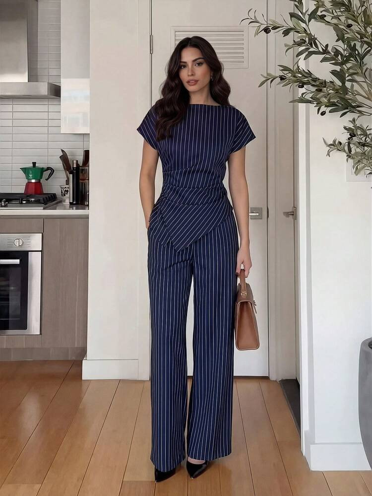 Firerie Conjunto De 2 Piezas De Camisa Asimétrica De Cuadros Elegante Y Casual Y Pantalones De Pierna Ancha, Adecuado Para Ir Al Trabajo, Uso Diario Casual Y Atuendo De Negocios De Moda, Otoño | SHEIN