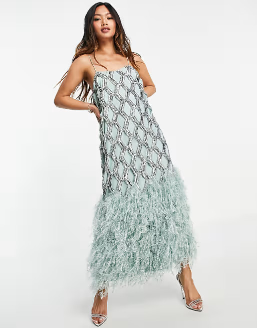 ASOS EDITION - Robe mi-longue à motif géométrique ajouré en sequins et ourlet à plumes - Éc... | ASOS (Global)
