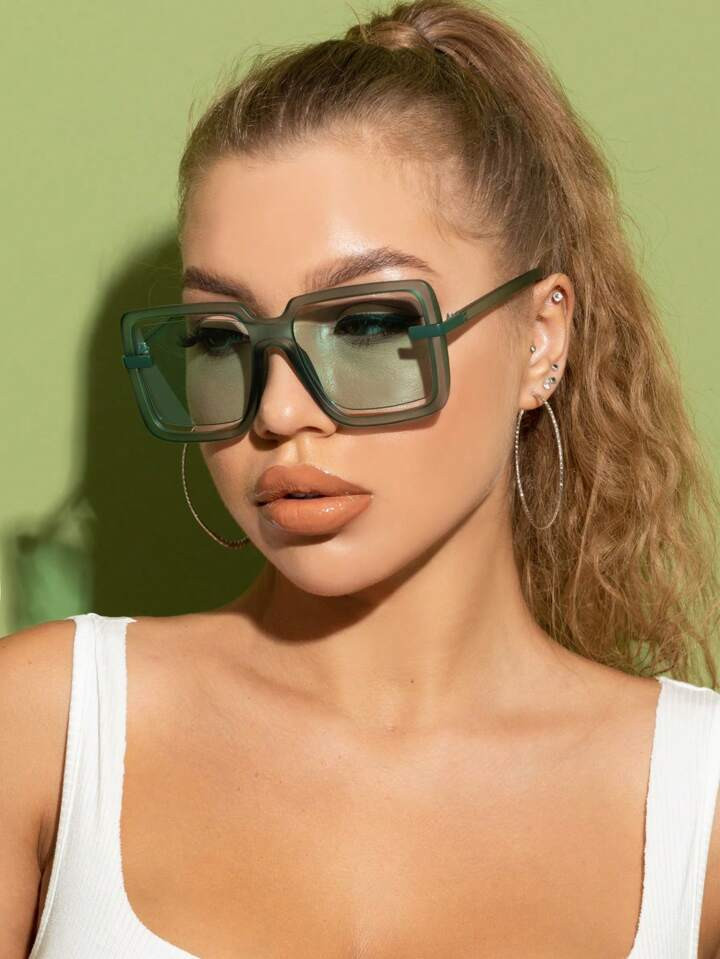 1pc Women Fashion Sunglasses Plastic Oversized Square Frame Trendy Hollow Out Candy Colors Street... | SHEIN