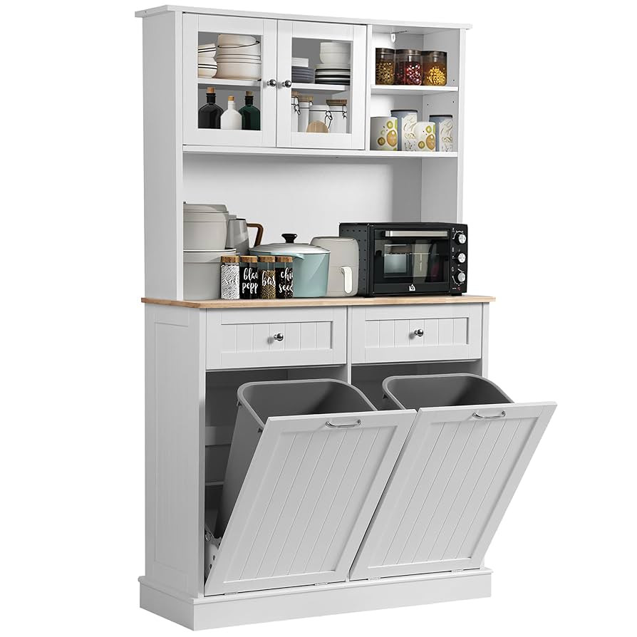 Kitchen Pantry Storage Cabinet, Microwave Cabinet with Tilt Out Trash Bin, Tall Pantry Hutch (Whi... | Amazon (US)