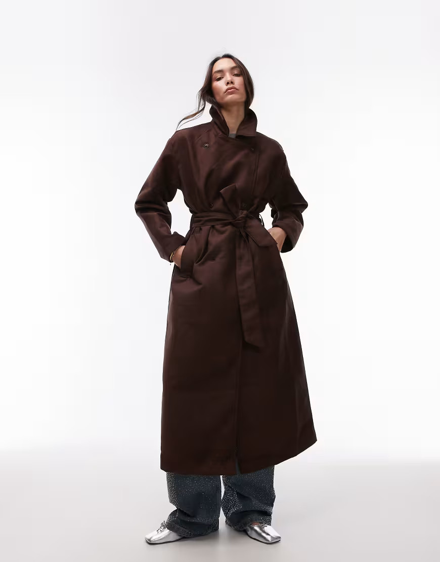 Topshop faux suede oversized trench coat in chocolate brown | ASOS (Global)