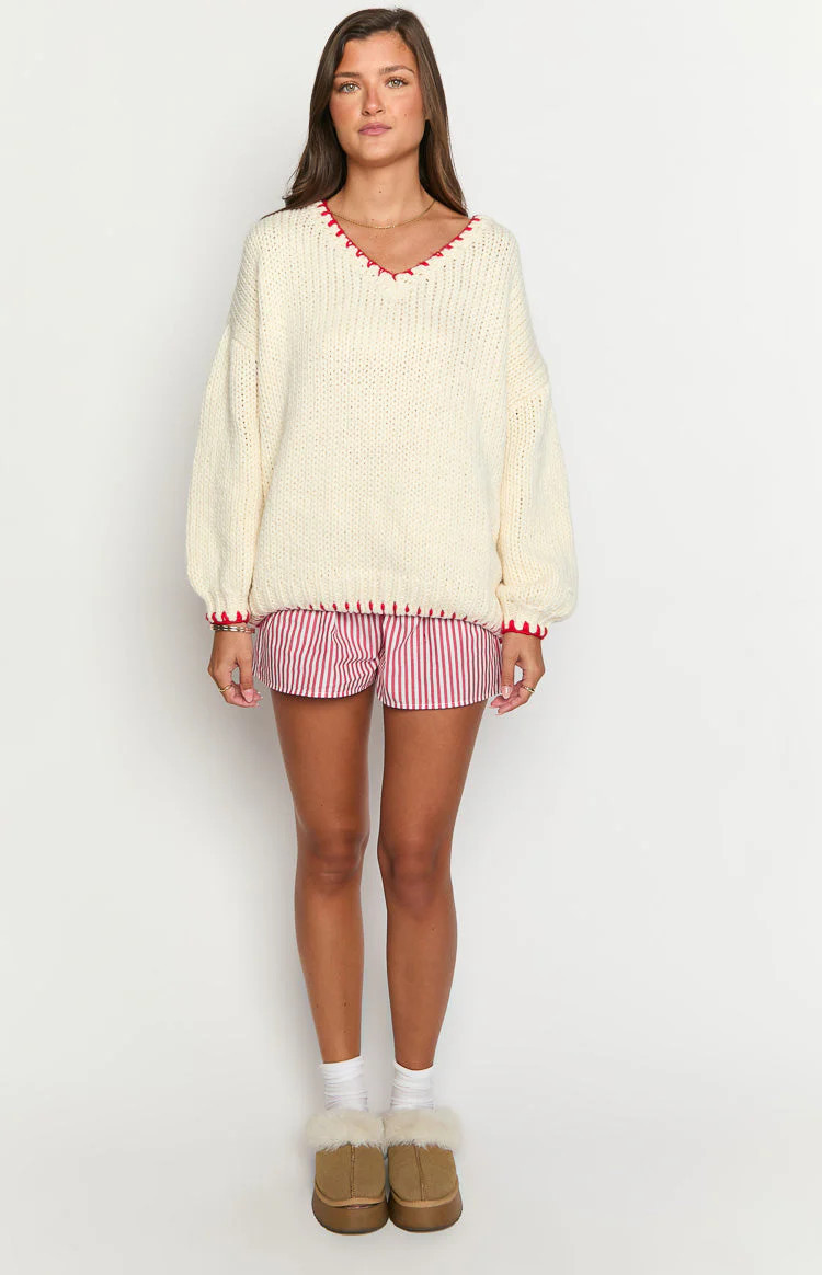 Delvey Cream And Red Contrast Stitch Chunky Knit Sweater | Beginning Boutique (US)
