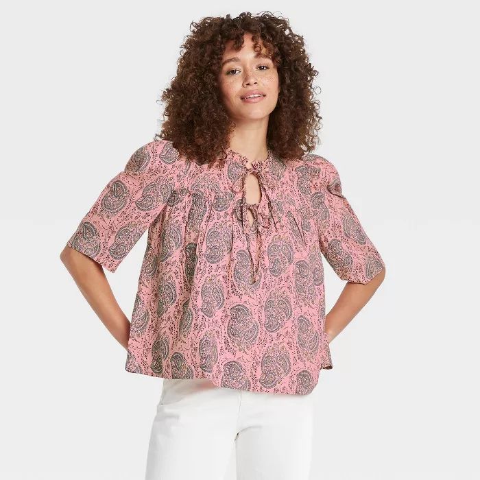 Women's Puff Short Sleeve Tie Neck Blouse - Universal Thread™ | Target