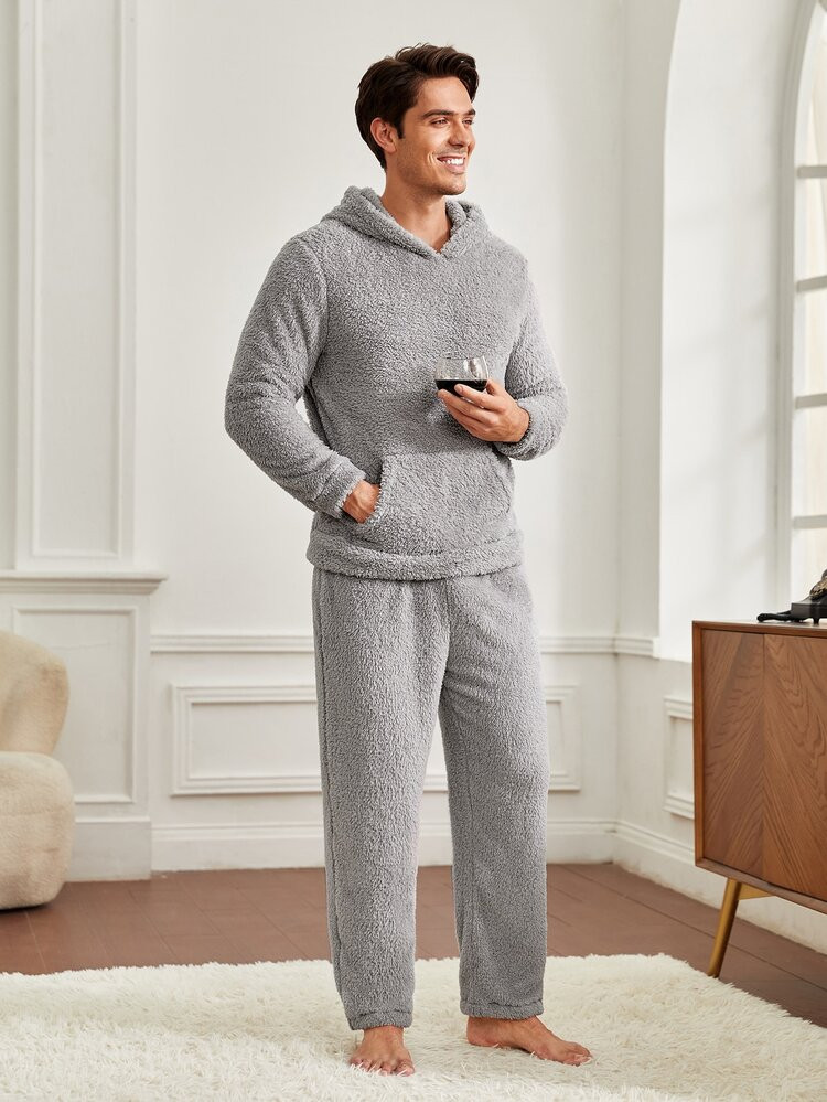Men Kangaroo Pocket Hooded Teddy Lounge Set | SHEIN