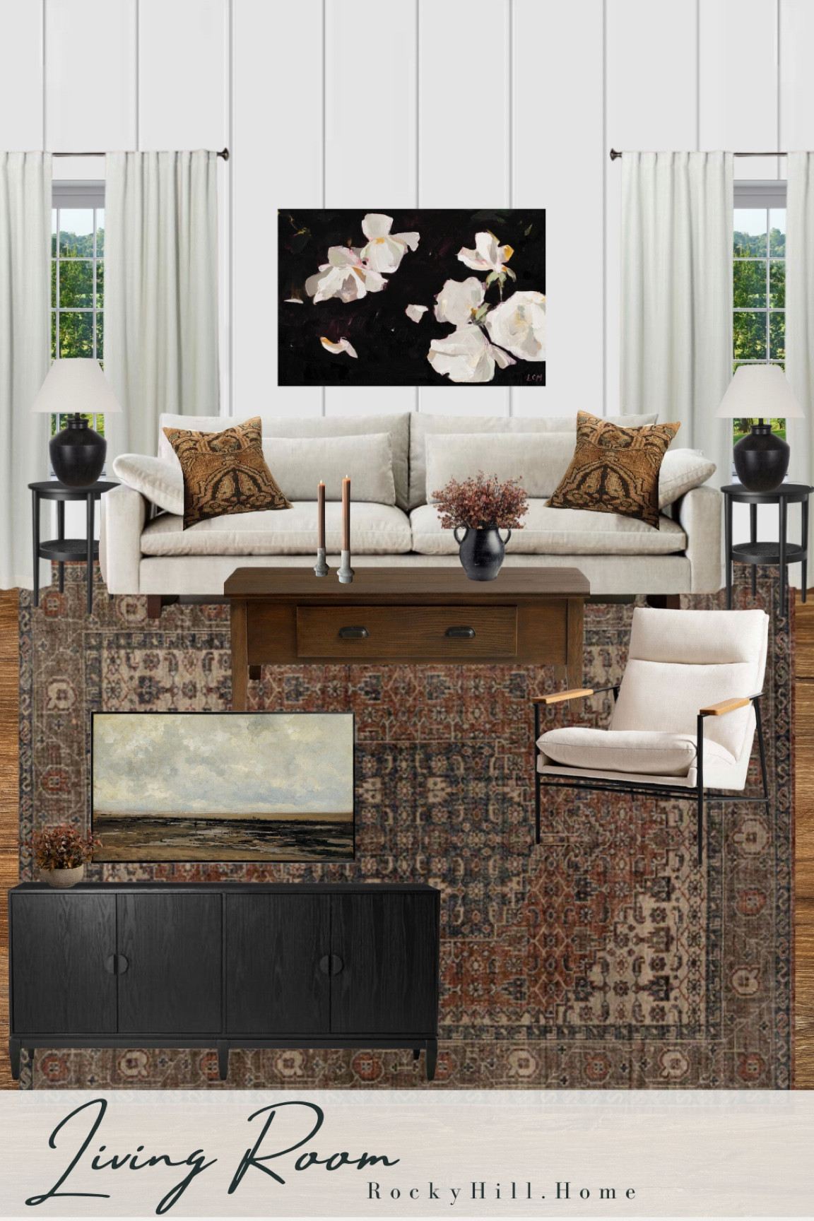 Warm modern cottage living room design featuring a modern sofa from west elm, modern west elm chair, vintage rustic rug from McGee and co, new pottery barn coffee table, affordable black lamps from Walmart, extra large artwork, budget curtains 

#LTKhome #LTKstyletip
