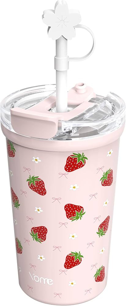 YOME 12oz Strawberry Pink Insulated Coffee Cup with Lid and Straw for Women | 2 in 1 Lid | Stainl... | Amazon (US)
