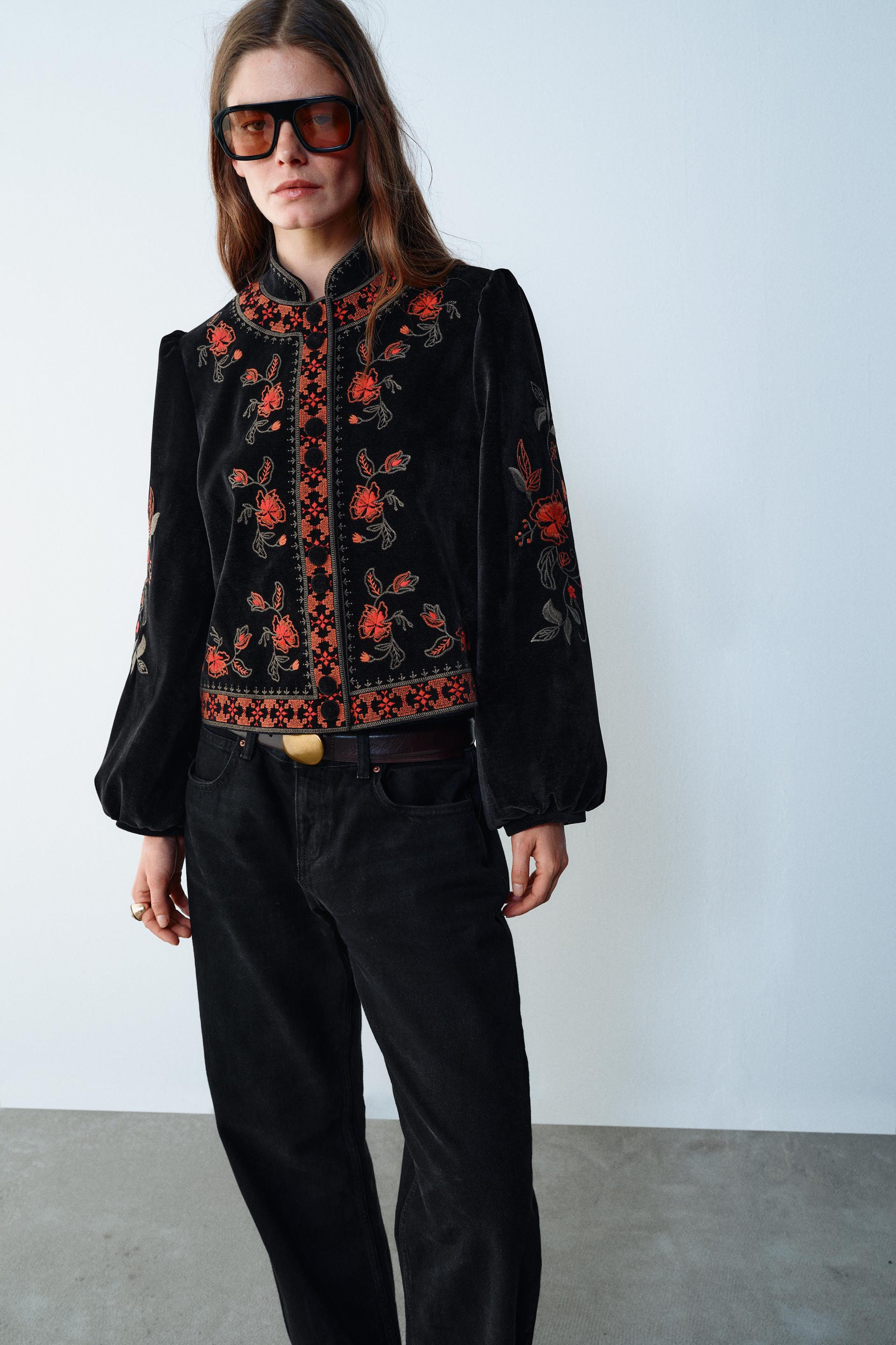 Zara - Embroidered Velvet Jacket - Black - S - Woman | Zara US