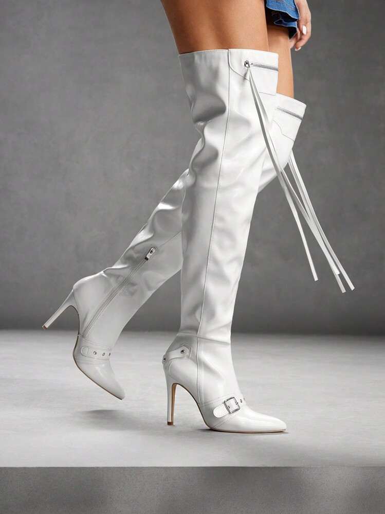 CUCCOO SZL Fashionable Retro White Pointed Toe Stiletto Slip-On Over-The-Knee Boots, Versatile Ladies High Heel Tall Boots For And Spring Shoes Spring Break Easter | SHEIN