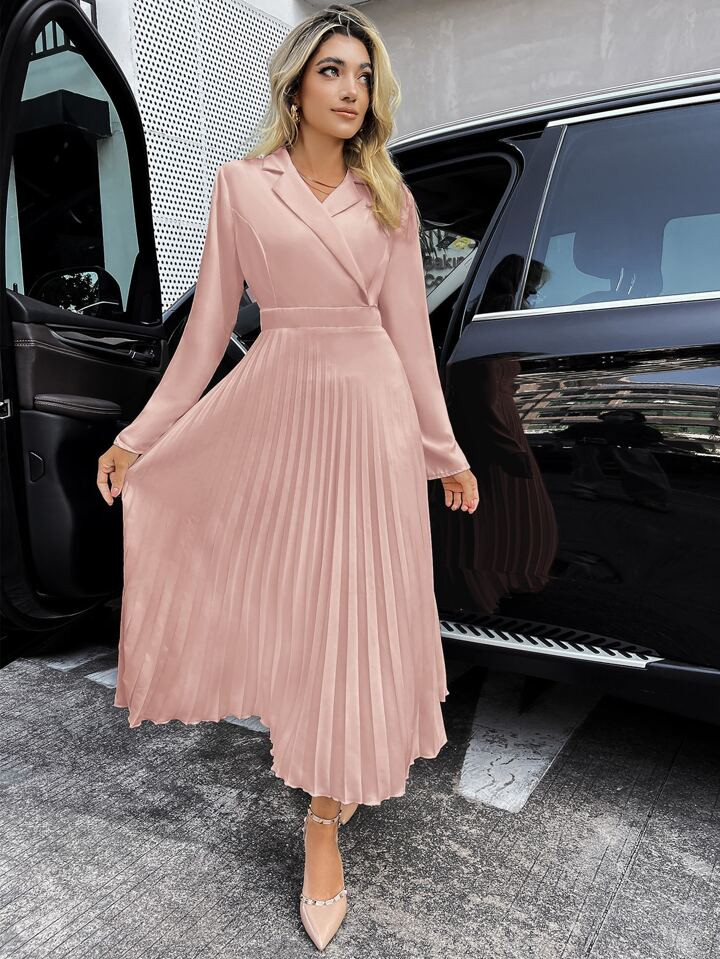 SHEIN Privé Lapel Neck Pleated Hem Dress | SHEIN