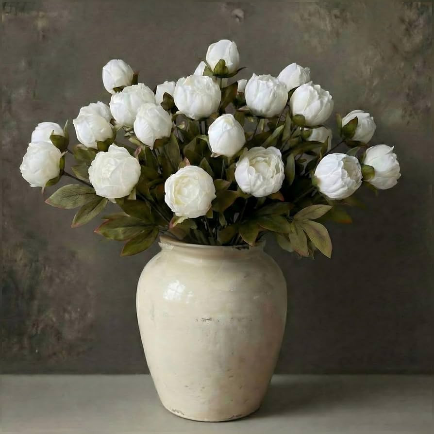Norme 6 Packs Faux Peony Flowers for Vase 30 inch Vintage White Faux Silk Peony Artificial Flower... | Amazon (US)
