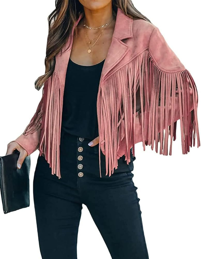 ebossy Women's Suede Fringe Jacket Long Sleeve Slim Faux Leather Boyfriend Cropped Top with Tassl... | Amazon (US)