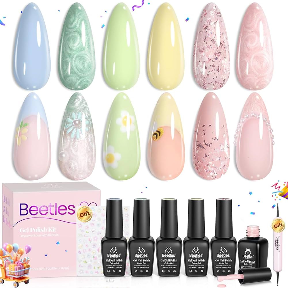 Beetles Pastel Gel Nail Polish 6 Colors Summer Pink Green Yellow Gel Nail Polish Set Drawing Swir... | Amazon (US)