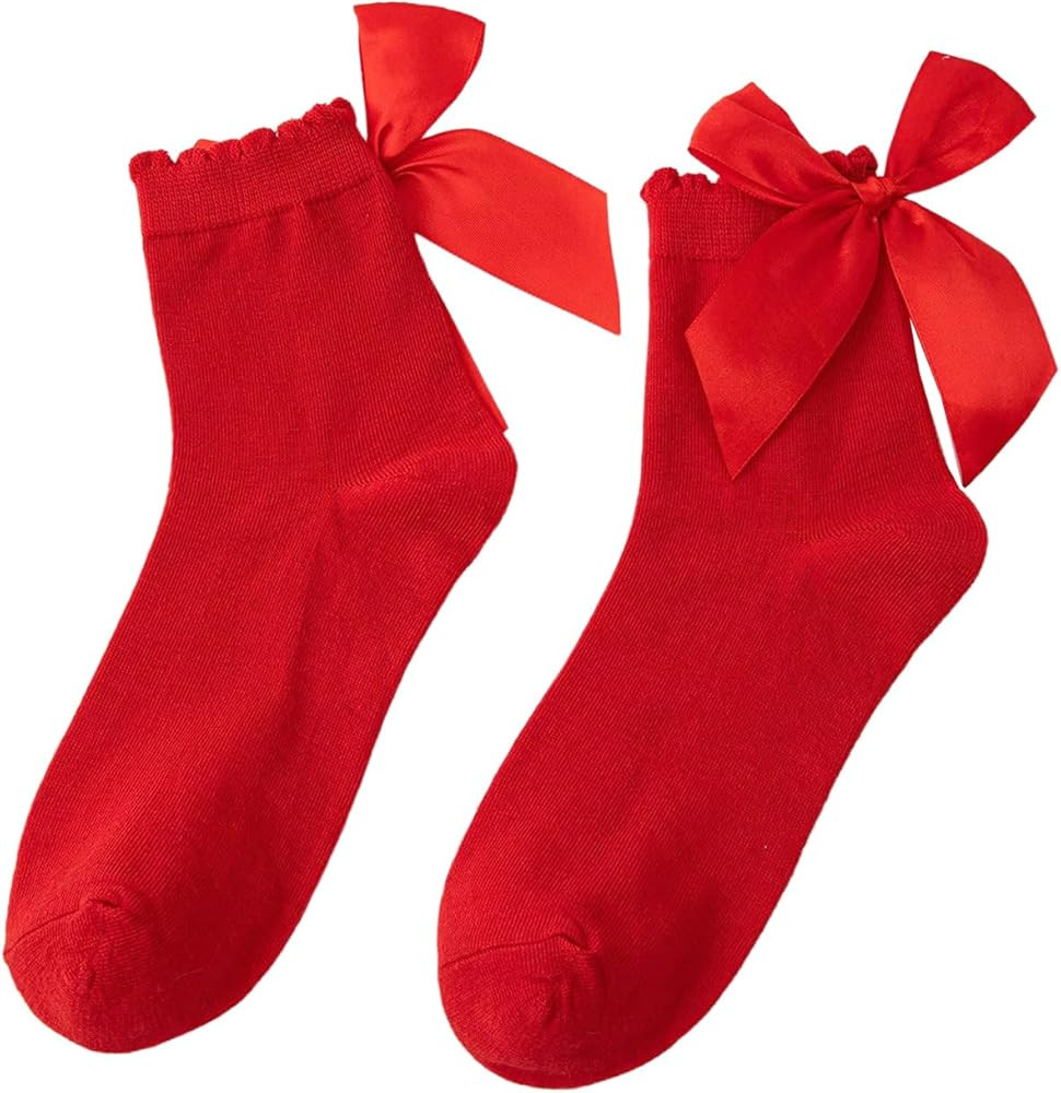 Floerns Women's Cute Ruffle Bow Socks Mid Calf Sock Soft Kawaii Crew Socks | Amazon (US)