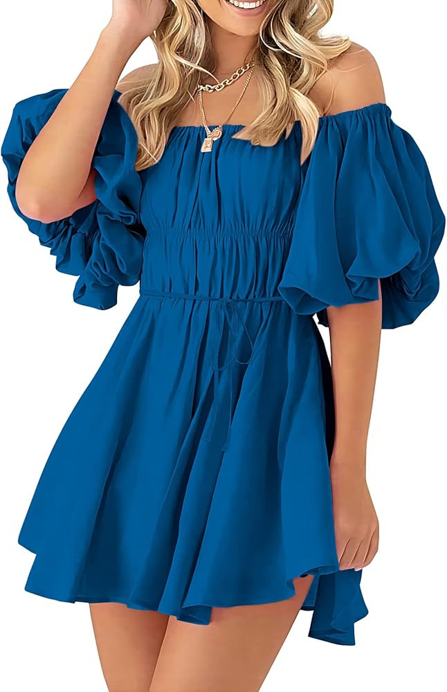 PRETTYGARDEN Women's Off The Shoulder Babydoll Dress Short Puff Sleeve Casual A Line Ruffle Summe... | Amazon (US)