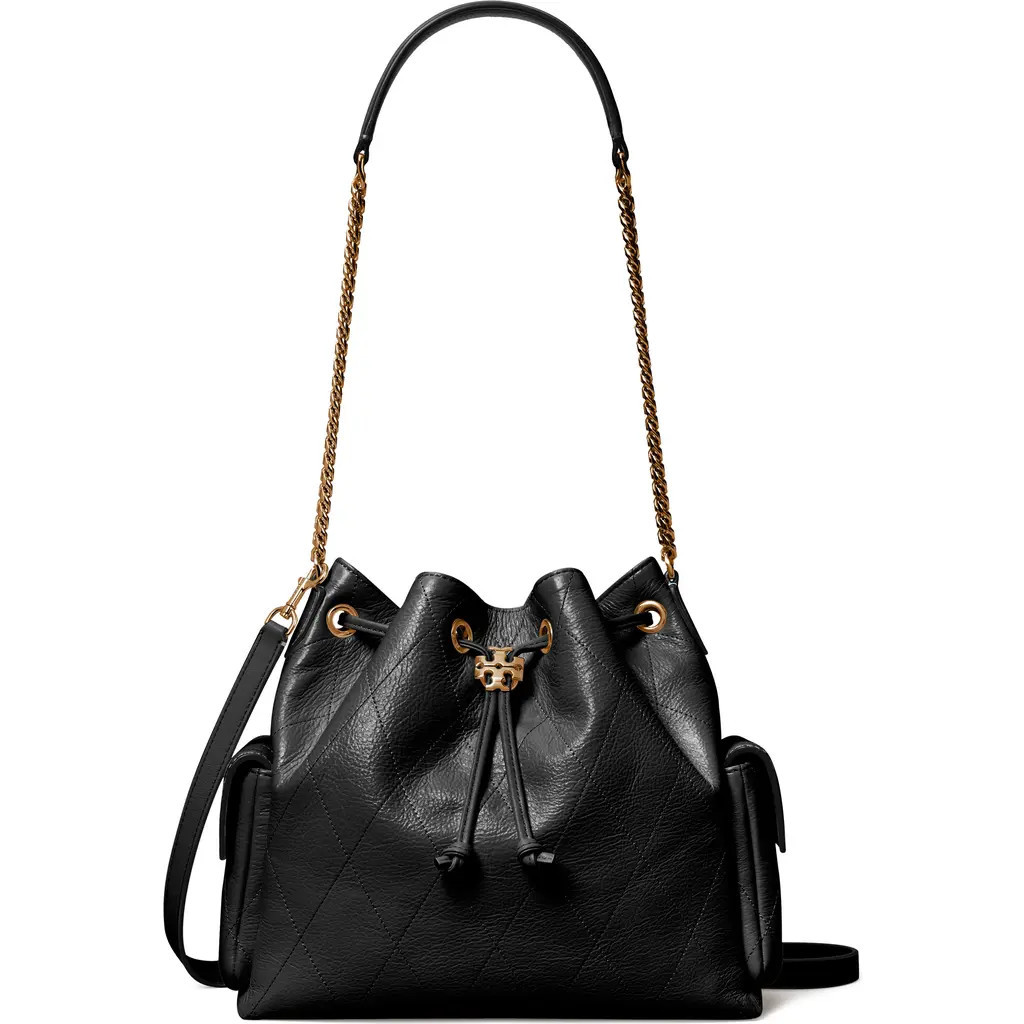 Tory Burch Charlie Quilted Leather Drawstring Shoulder Bag in Black at Nordstrom | Nordstrom