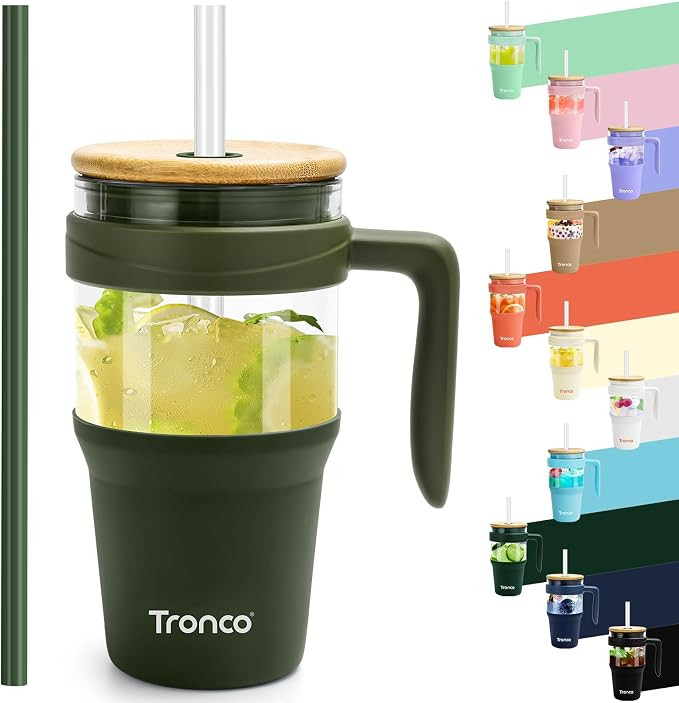 Tronco 32oz Glass Tumbler with Handle, Glass Tumbler with Straw and Bamboo Lid, Glass Water Bottl... | Amazon (US)