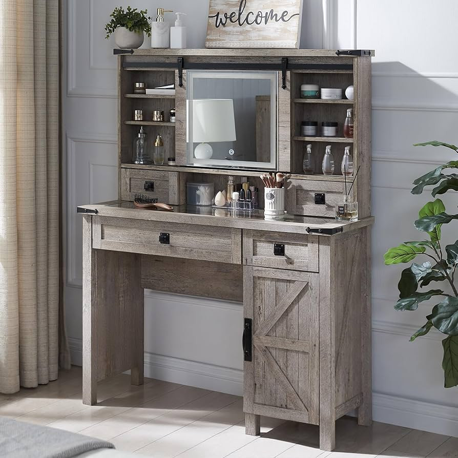 T4TREAM Farmhouse Makeup Vanity Desk with Sliding Mirror and Lights, 42'' Glass Tabletop Vanity T... | Amazon (US)