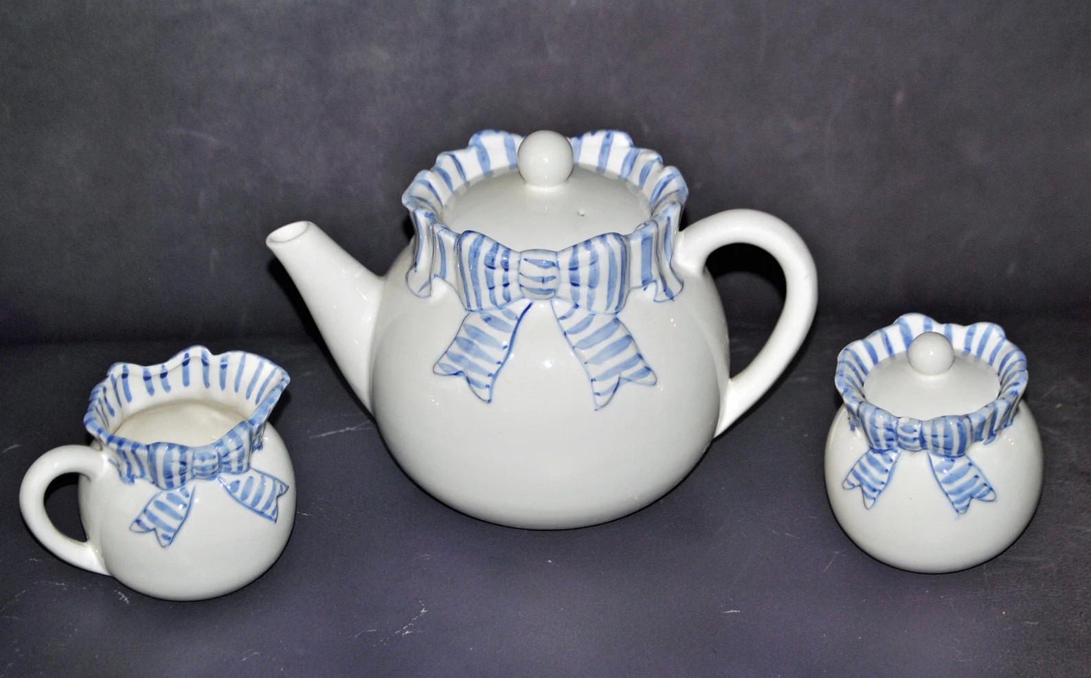 HALDON TEA SET - White Ceramic - blue striped ceramic ribbon and bow | Etsy (US)