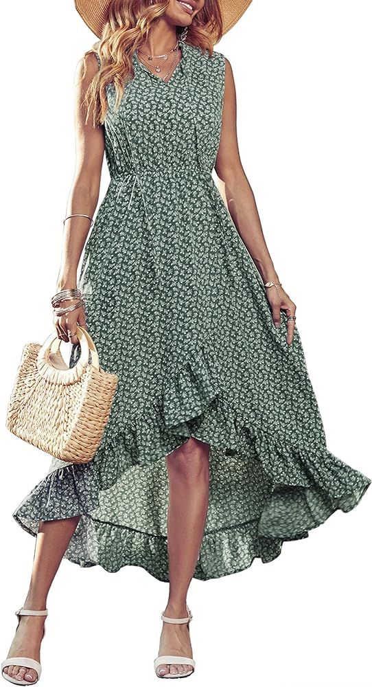KIRUNDO Summer Women’s Sleeveless Maxi Dress Solid Tie Neck Dress High Waist Ruffle Hem Floral ... | Amazon (US)