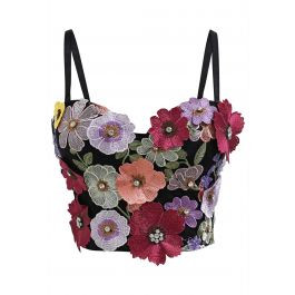 3D Floral Applique Rhinestone Bra Top in Black | Chicwish