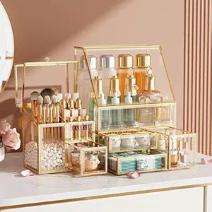 Clear Makeup Organizer with Gold Frame – Countertop Vanity Organizer for Skincare, Lipsticks, P... | Amazon (US)