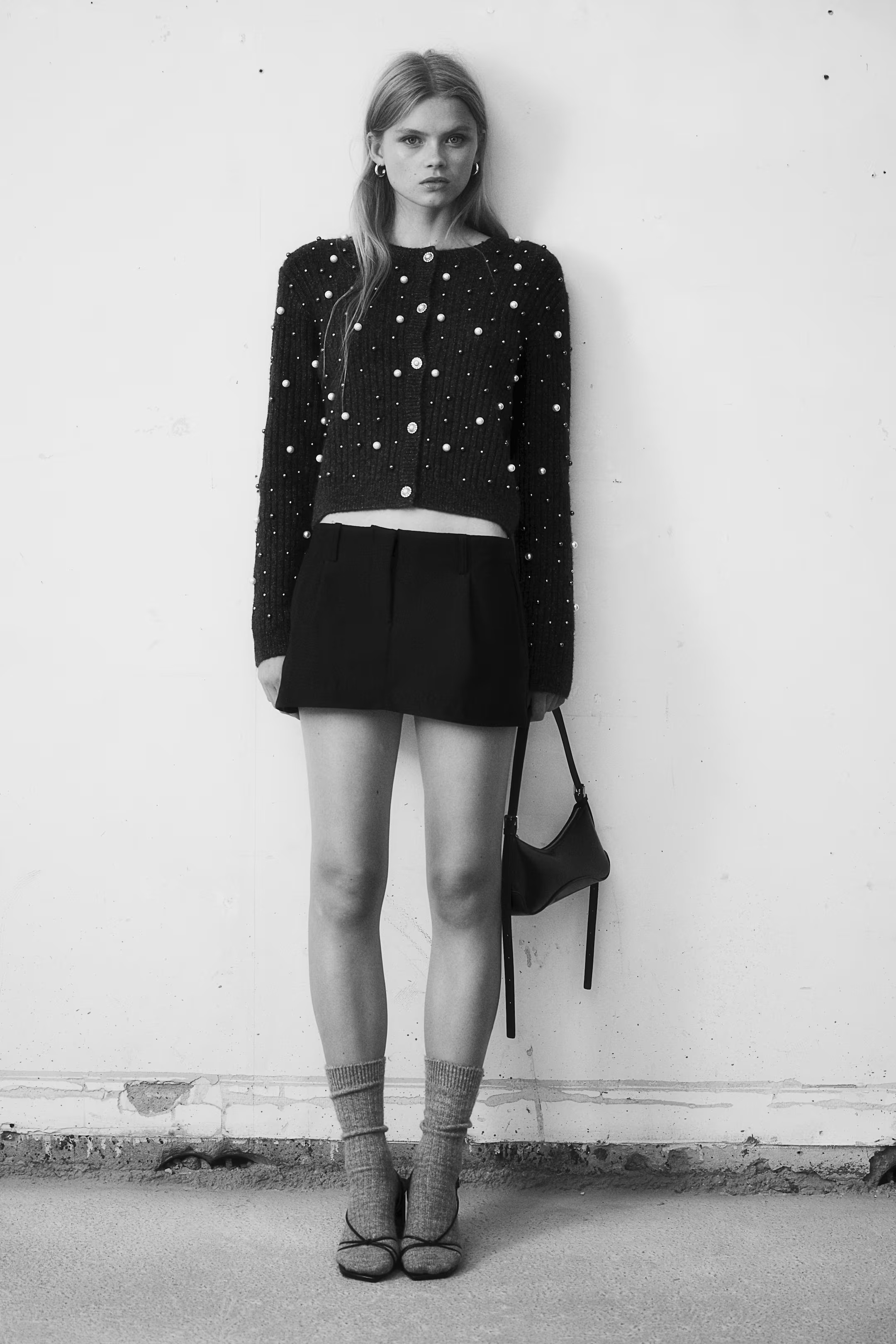 Beaded Rib-Knit Cardigan - Round Neck - Long sleeve - Dark gray melange - Ladies | H&M US | H&M (US + CA)