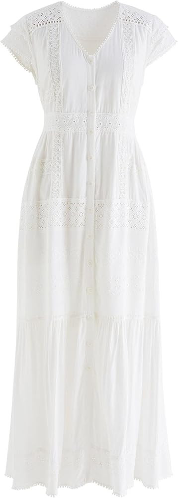 CHICWISH Women Summer Eyelet Embroidery Cotton Dress V Neck Cap Sleeve Ruffle Hem Elegant Button ... | Amazon (US)