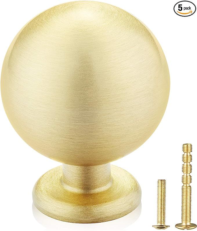 QogriSun 5-Pack Solid Brass Ball Cabinet Knobs, 1.1-Inch Diameter, Gold Round Drawer Dresser Pull... | Amazon (US)