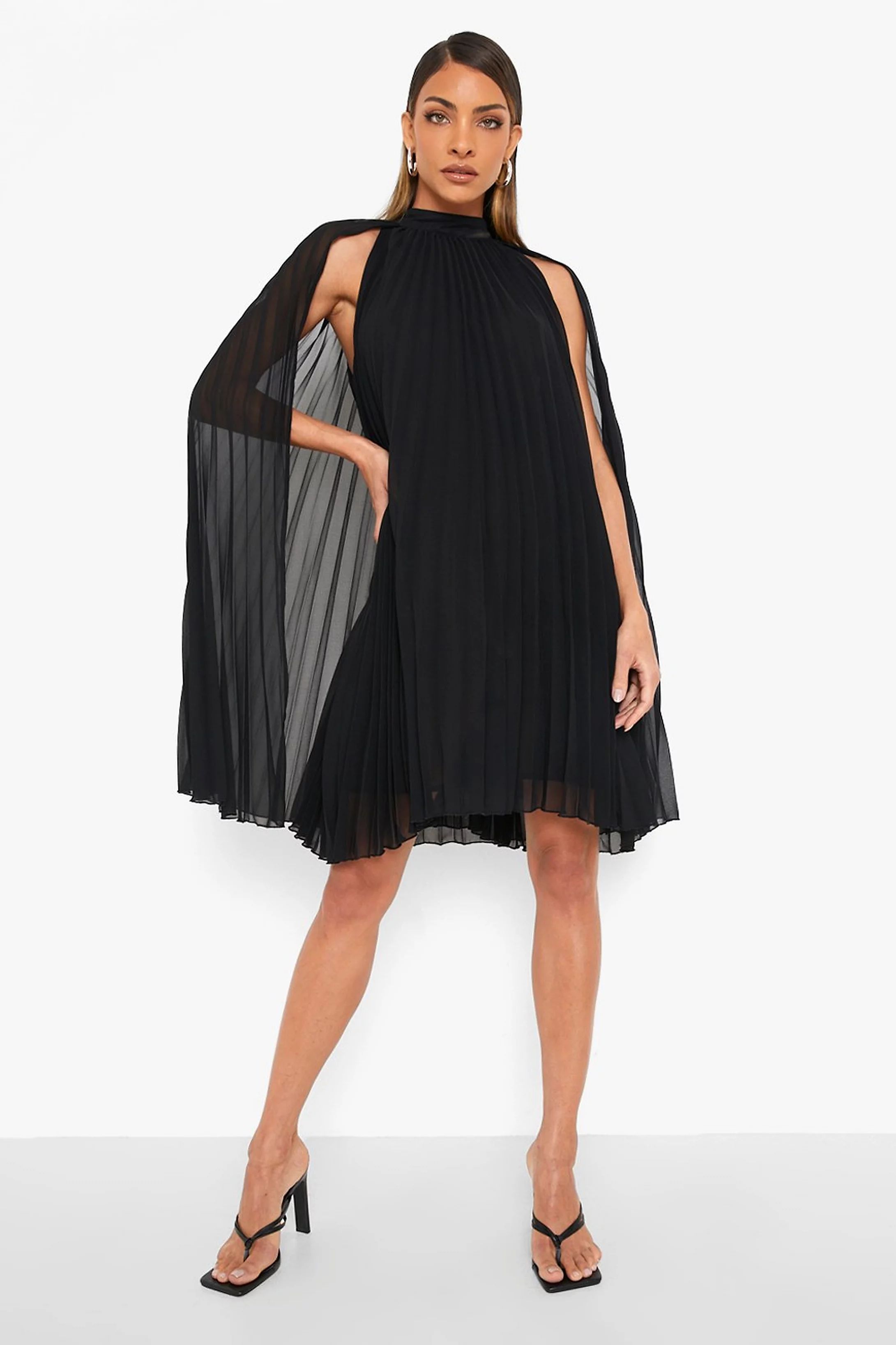 Pleated Cape Swing Dress | Boohoo.com (US & CA)