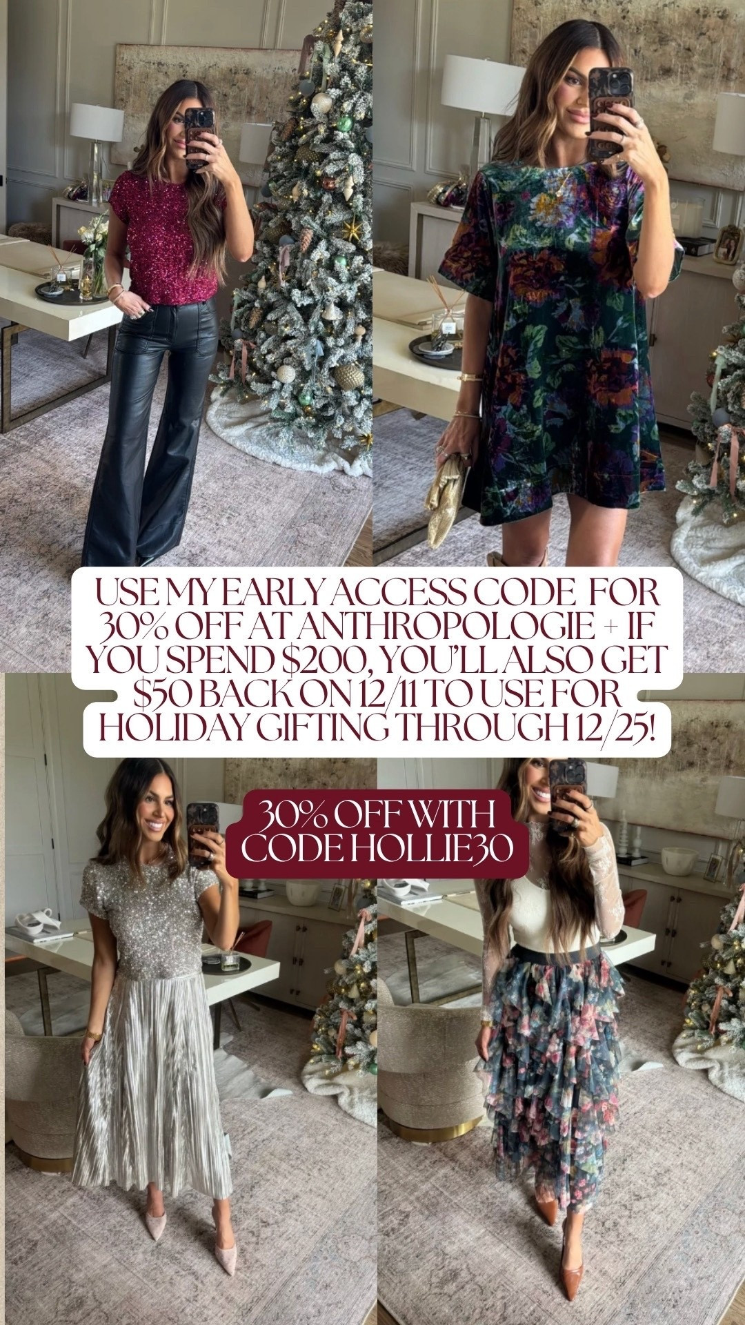 Use my early access code “HOLLIE30" for 30% off at Anthropologie + if you spend $200, you’ll also get $50 back on 12/11, to use for holiday gifting through 12/25! @anthropologie 

wearing a size small in everything and then a 27 in the pants!

Dates: Thurs 11/20- Sun 11/23 
 

 

#LTKHoliday #LTKSaleAlert
