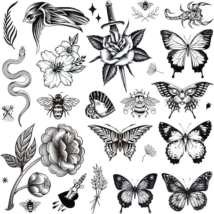 Tazimi 8 Sheets Large Black Tattoos for Women Girls Butterfly Snake Bee Swallow Flowers Scorpion ... | Amazon (US)