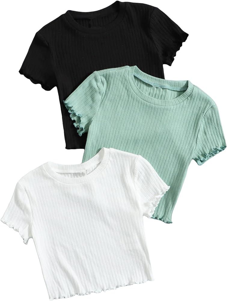 Romwe Girl's 3Pcs Rib-Knit Short Sleeve Lettuce Trim Crew Neck Crop Tee Top | Amazon (US)