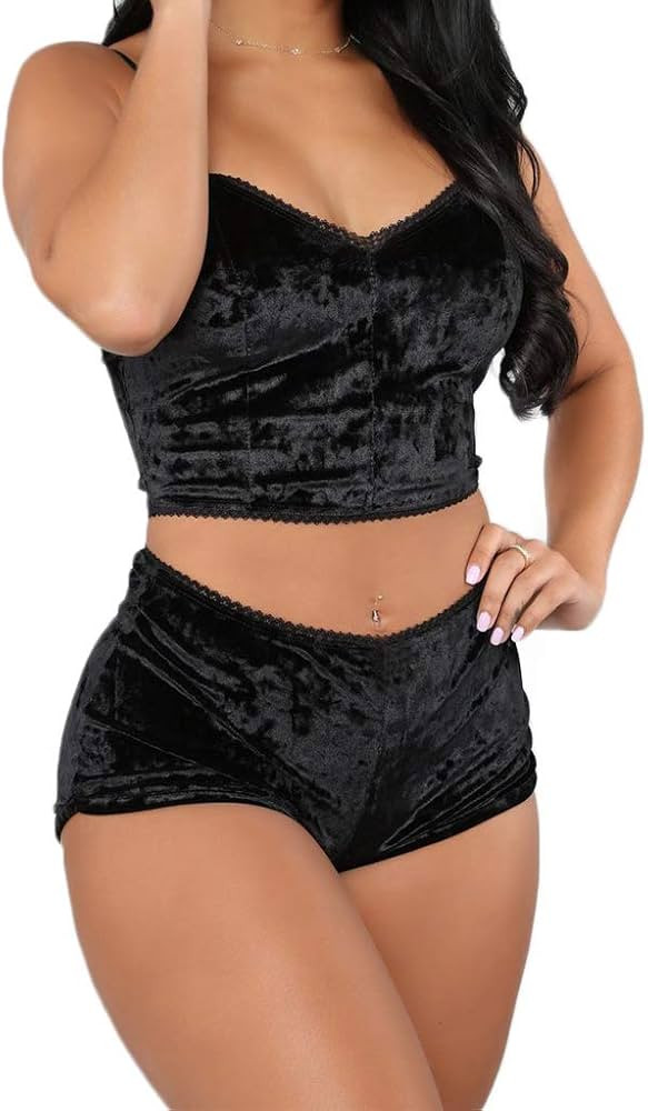 RUEWEY Women Sexy Strappy Babydoll Lingerie Satin Pajama Set Camisole with Shorts 2 Piece Sleepwe... | Amazon (US)