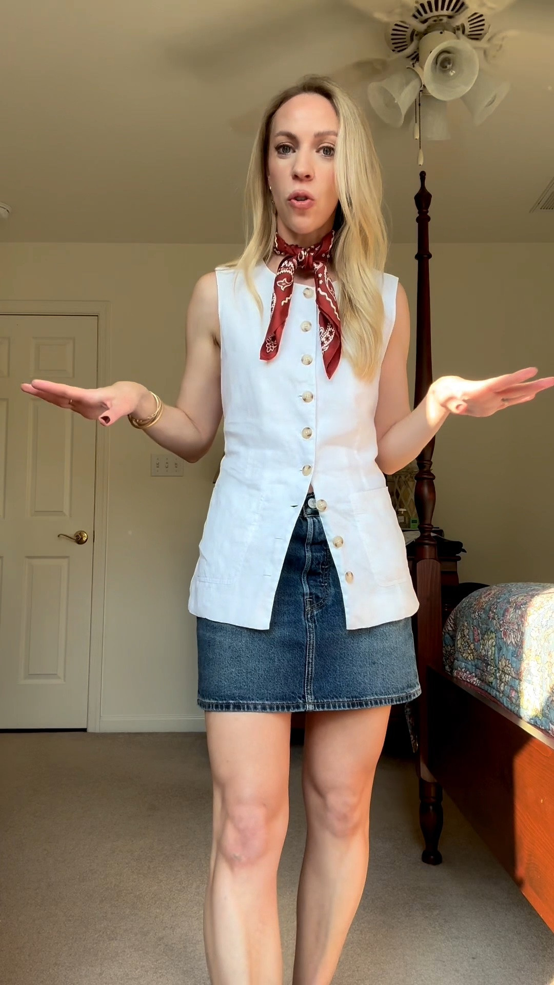 Styling my linen vest for a transitional look with this pretty rust brown silk scarf and denim mini skirt - every piece is under $75!

#LTKootd #LTKgrwm #LTKOver40