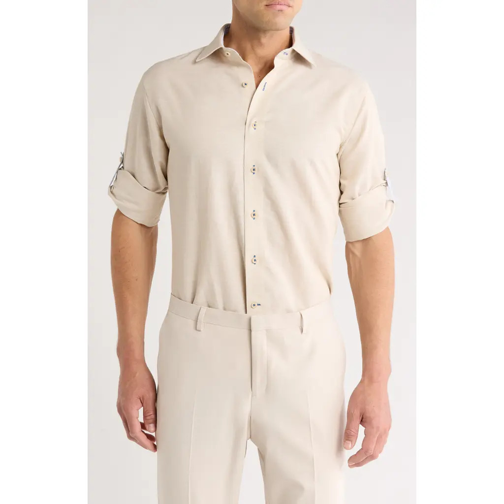 Lorenzo Uomo Trim Fit Textured Cotton & Linen Dress Shirt in Tan at Nordstrom Rack, Size 17 | Nordstrom Rack
