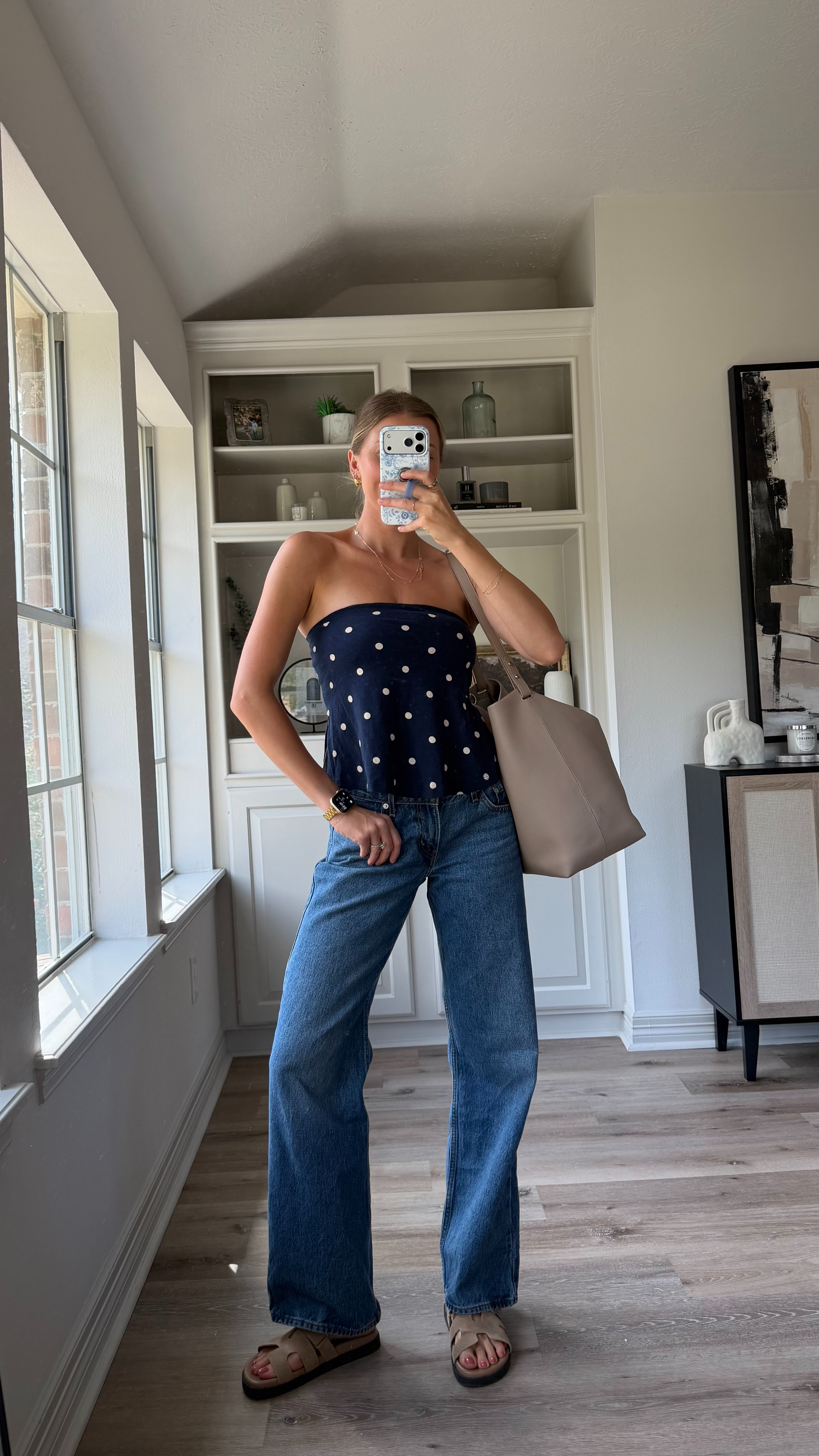 Cutie polka dot tube top! Wearing 26 in denim, XS top  

 