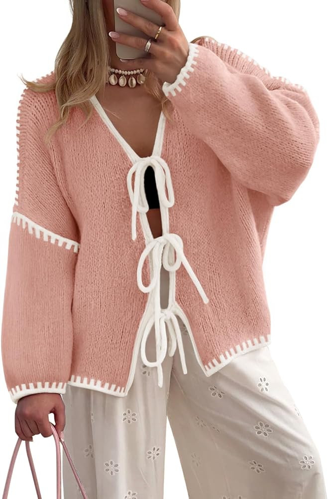 ZESICA Women's Tie Front Bow Cardigan Sweaters 2025 Casual Long Sleeve Knit Color Block Fall Wint... | Amazon (US)