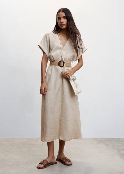 Belt linen dress beige - Woman - 8 - MANGO | MANGO (UK)