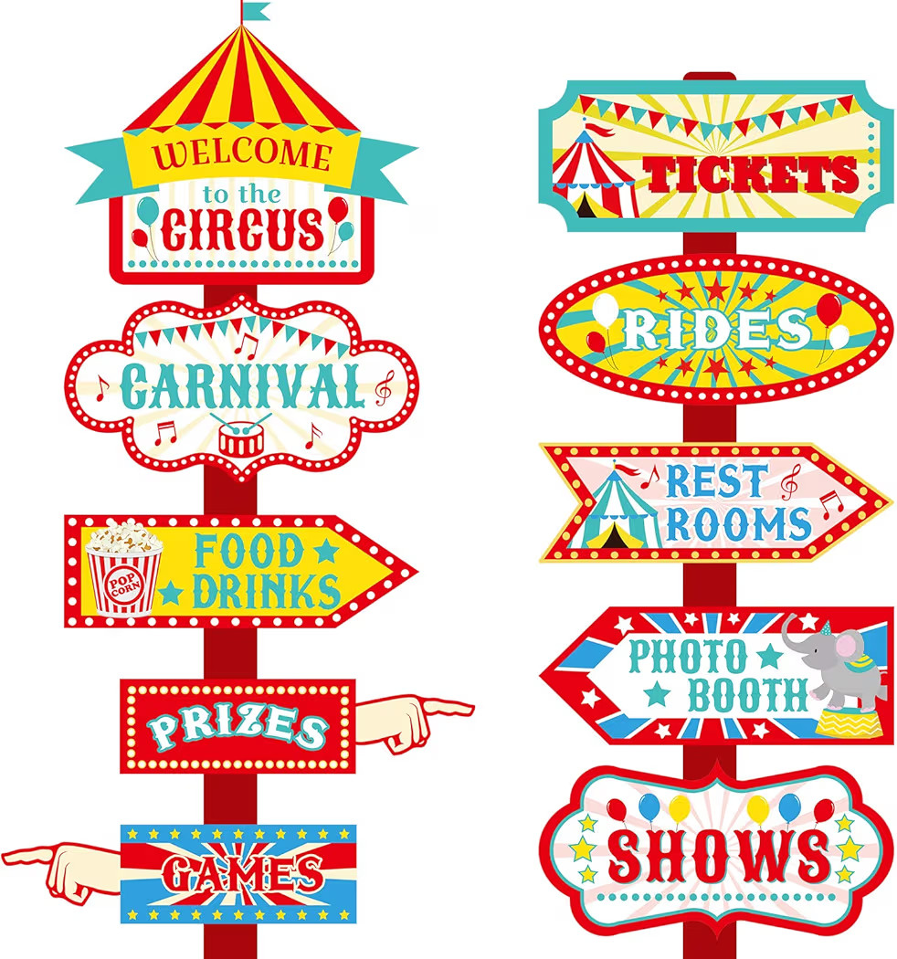 20 Pieces Circus Carnival Party Direction Signs Decor Circus Welcome Signs for Birthday Showman T... | Amazon (US)