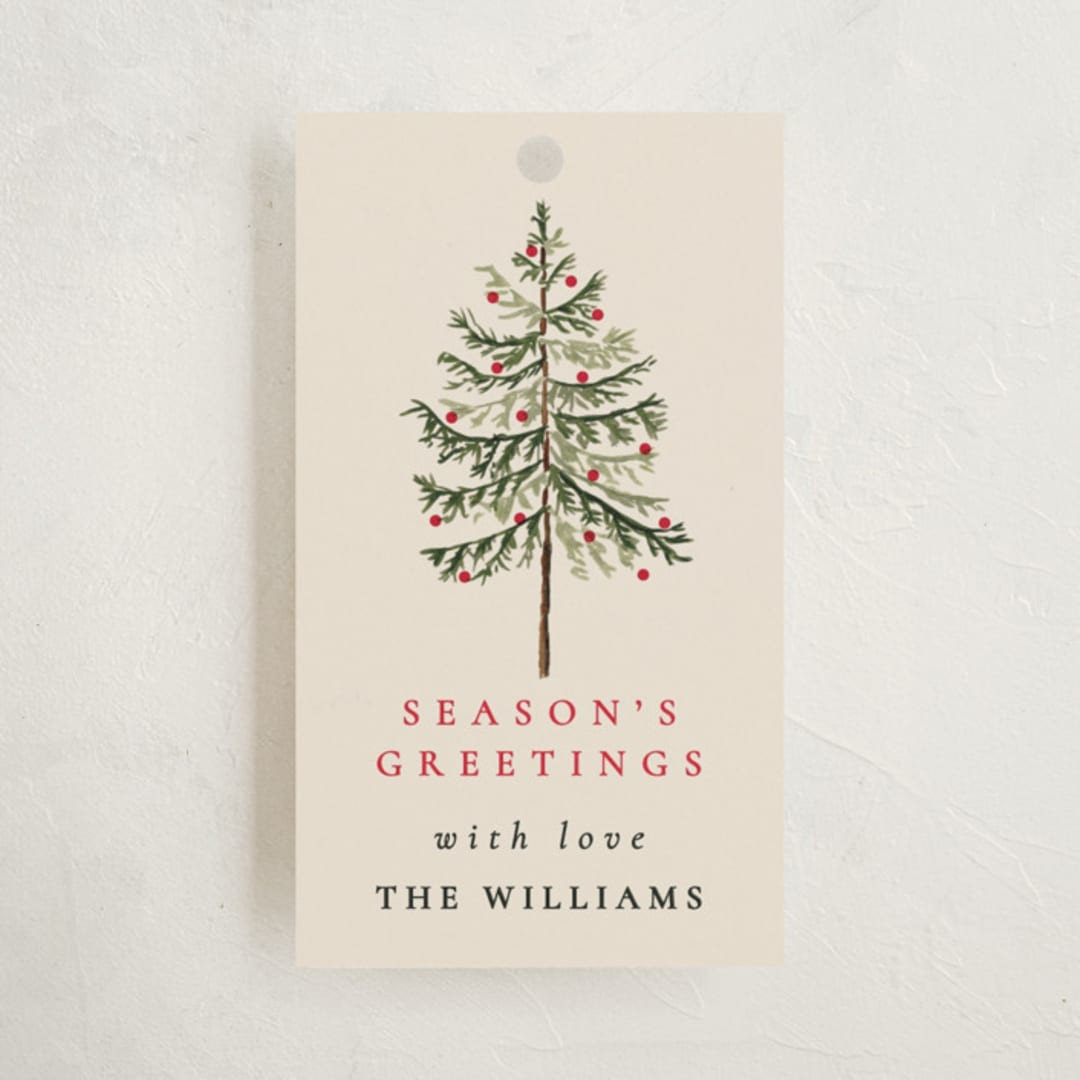 "Vintage Spruce" - Customizable Gift Tags in Beige or Red by Amy Kross. | Minted