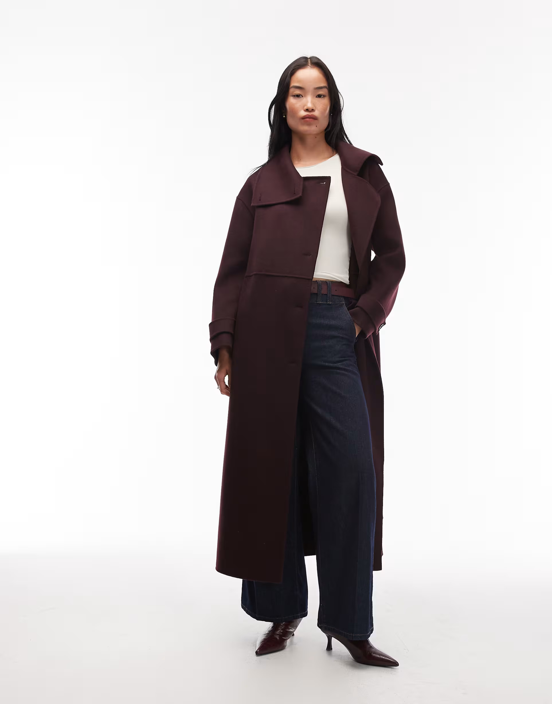 ARKET wool maxi belted trench coat with side splits in burgundy plum | ASOS (Global)