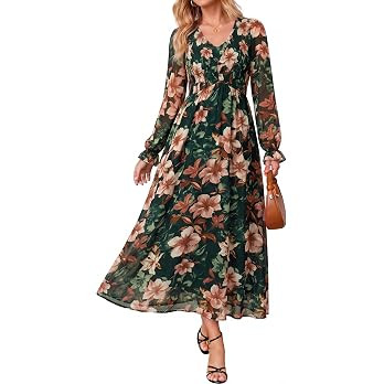 Simplee Womens Long Sleeve Fall Wedding Guest Boho Floral Maxi Dress | Chiffon Modest, Long Flowy... | Amazon (US)