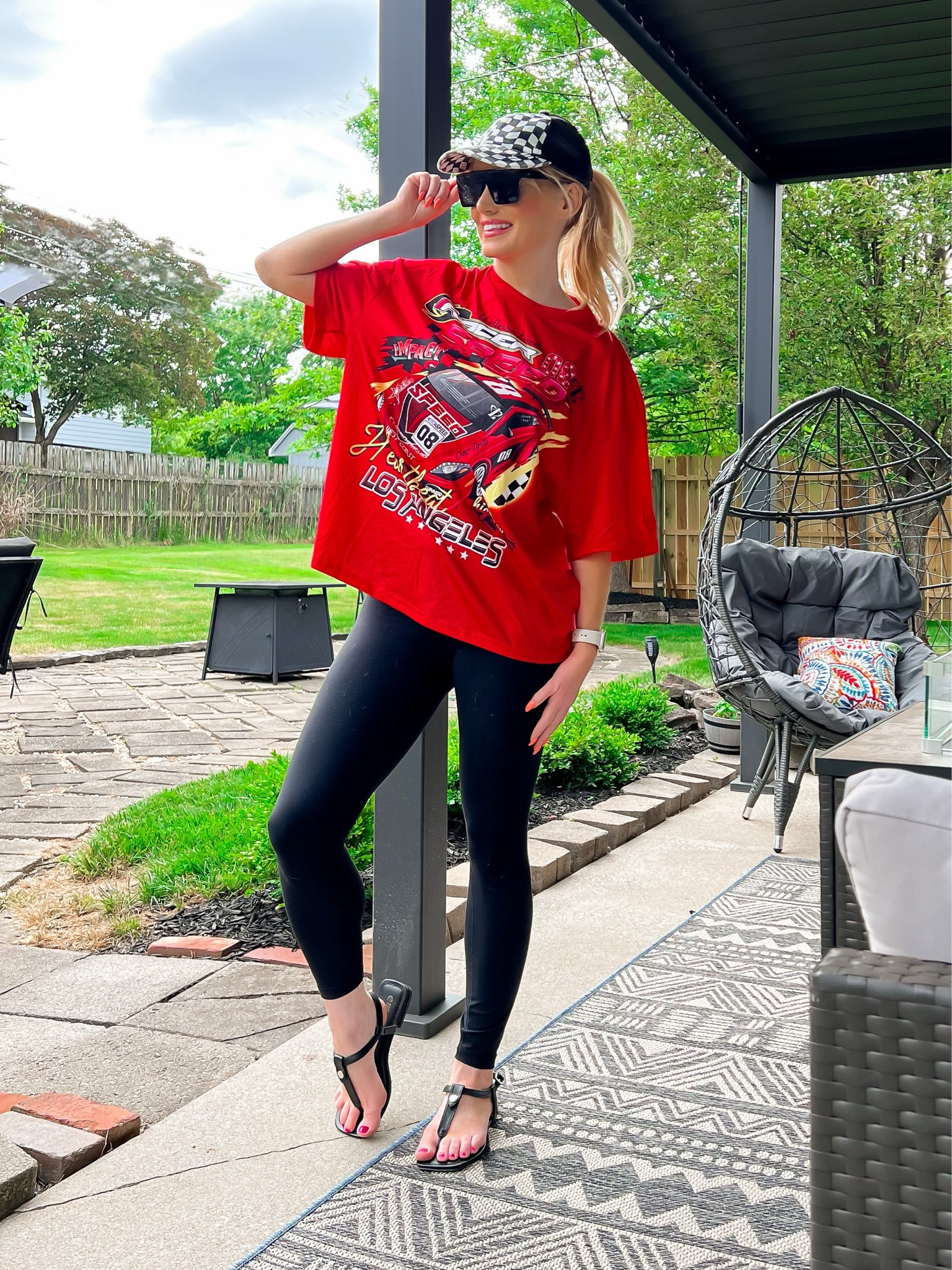 I love this casual oitfut with the racing theme from Amazon! - oversized T-shirt - oversized graphic T-shirt - checkered print - checkered baseball hat - t strap sandals - sunglasses - Amazon Fashion - Amazon finds - casual outfit - casual look 

#LTKunder50 #LTKSeasonal #LTKstyletip