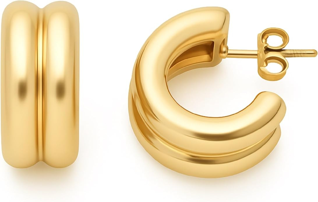 18K Gold PVD 316L Surgical Stainless Steel Double Hoop Huggie Earrings for Women – Non-Tarnish,... | Amazon (US)