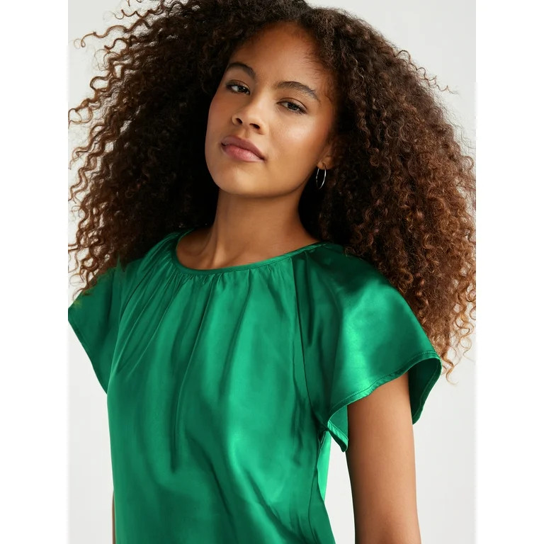 Free Assembly Women's Satin Flutter Sleeve Top, Sizes XS-XXXL | Walmart (US)