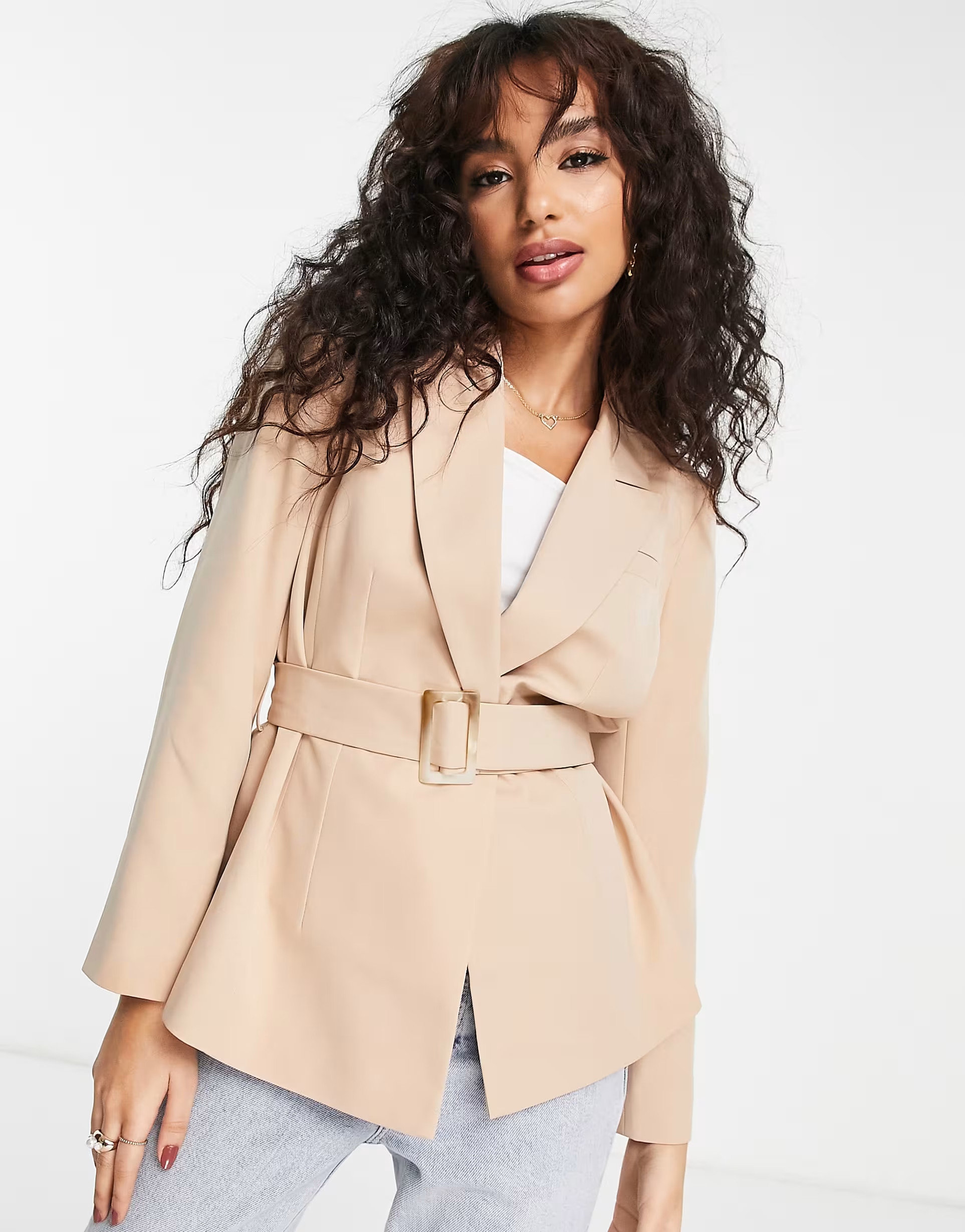 Miss Selfridge Petite belted buckle blazer in camel | ASOS (Global)