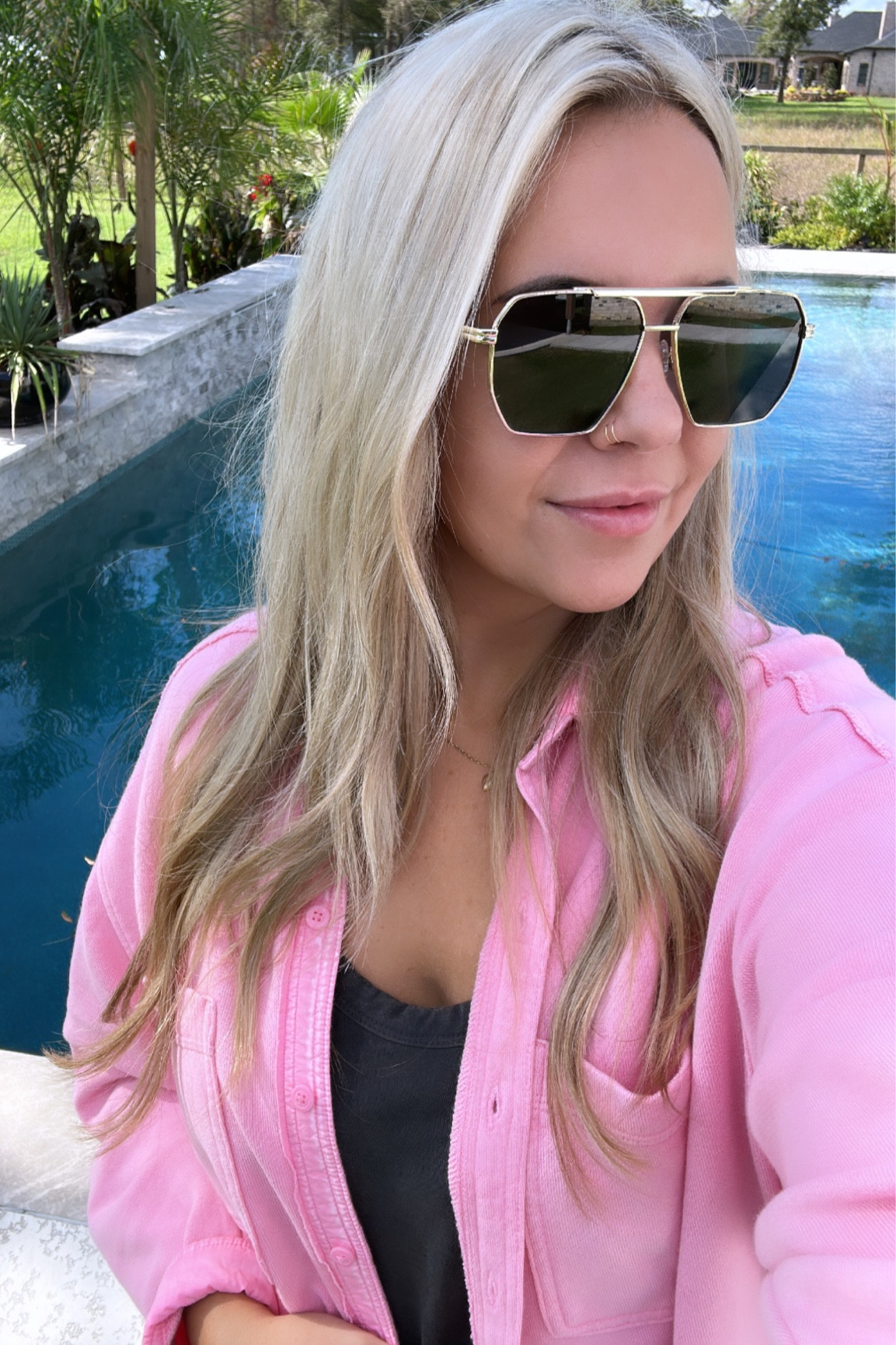 Double hoop nose ring, pink shacket Aerie shacket, new amazon aviator sunglasses, heart necklace 

#LTKmidsize #LTKfindsunder50 #LTKover40
