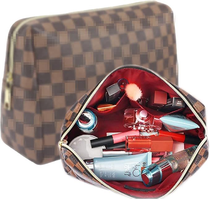 Checkered Makeup Bag, Makeup Organizer Cosmetic Bags for Women Portable Large Retro Toiletry Trav... | Amazon (US)