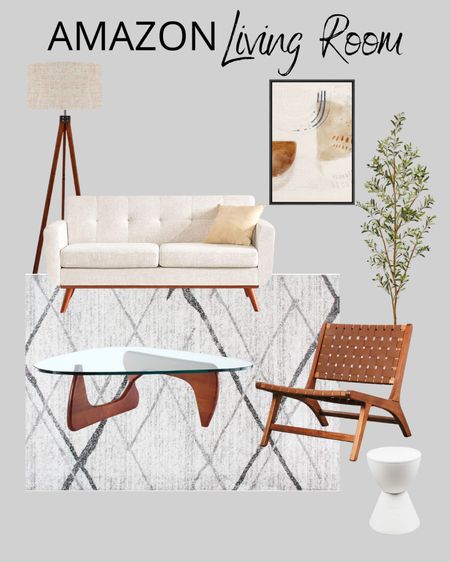 Living room furniture, sofa, glass coffee table, accent chair, side table, area rug, wall art, artificial olive tree, tripod floor lamp 

#LTKSeasonal #LTKhome #LTKstyletip